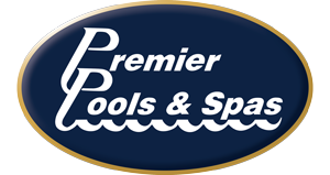 Logo for Premier Pools & Spas featuring stylized text and wave design.
