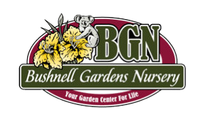 Logo of Bushnell Gardens Nursery with flowers and a koala.